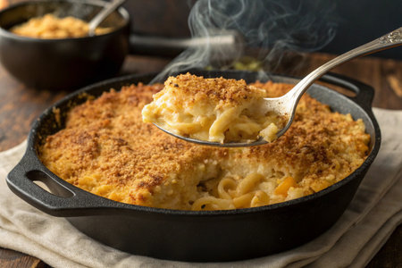 Casserole with macaroni and cheese in a frying pan