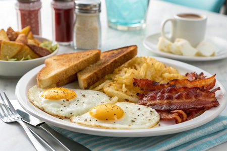 English breakfast with fried eggs, bacon, toasts and coffee.の写真素材