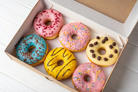 Box with tasty glazed donuts on wooden table, top viewの写真素材