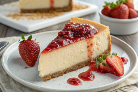 Cheesecake with strawberries on a white plate on a wooden tableの写真素材