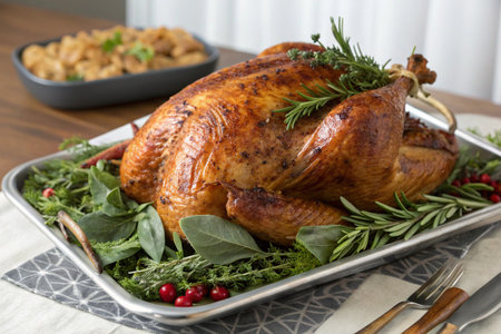 Baked turkey with rosemary and cranberries on a festive tableの写真素材