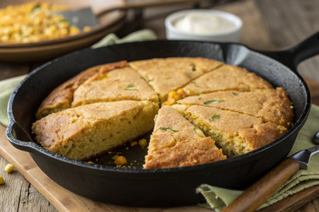 Homemade Cornbread in a cast-iron frying pan on wooden background