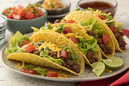 Mexican tacos with beef, cheese and vegetables, close-up