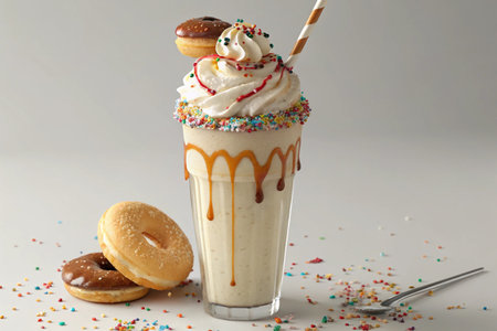 Milkshake with whipped cream and donuts on a white backgroundの写真素材