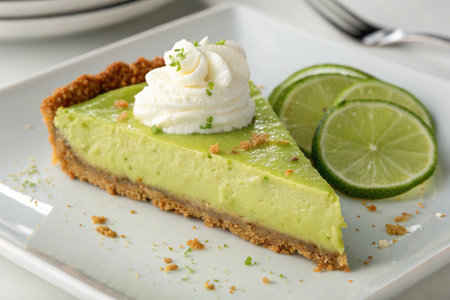 Key lime pie with whipped cream and lime on a white plate.の写真素材