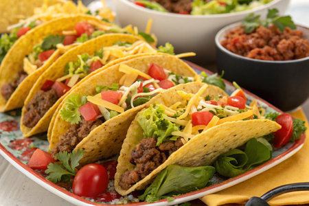 Mexican tacos with beef, cheese and vegetables on a plate.の写真素材