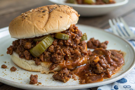 Beef Hamburger with Tomato Sauce and Pickles on a Plateの写真素材
