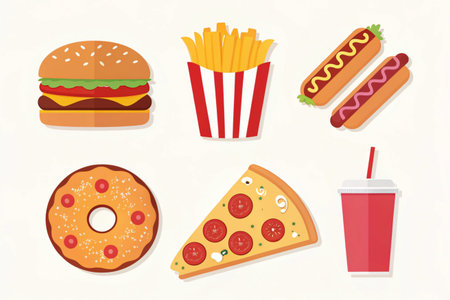 Fast food icon set with hamburger, pizza, hot dog and french fries. Vector illustrationの写真素材