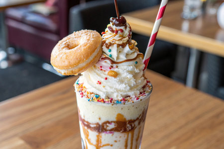 milkshake with ice cream and donut on wooden table.の写真素材