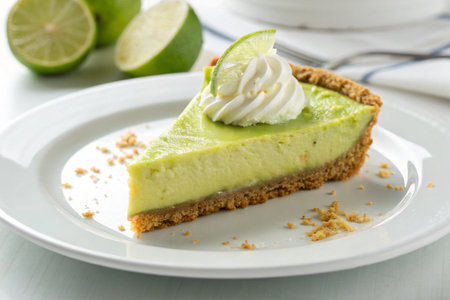 Lime cheesecake with whipped cream on a white wooden table.の写真素材