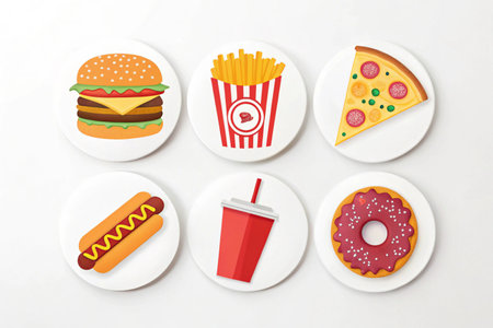 Fast food icons set on white background. Hamburger, hot dog, pizza, cheeseburger, french fries, donut and sodaの写真素材