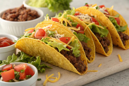 Tasty tacos with meat and vegetables on wooden board, closeupの写真素材