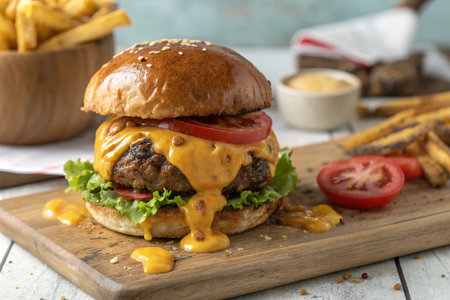 Cheese burger - American cheese burger with Golden French fries on wooden boardの写真素材