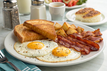 Breakfast with fried eggs, bacon and toasts on a plateの写真素材