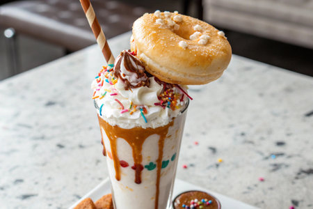 Iced chocolate milkshake with whipped cream and donut on tableの写真素材