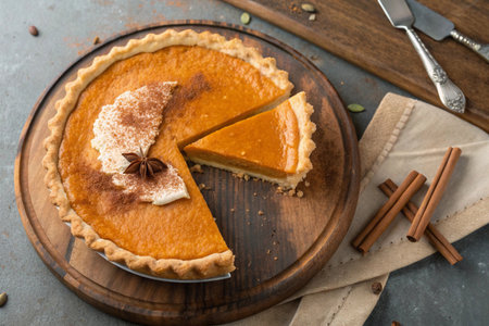 Tasty pumpkin pie on table, closeup. Space for textの写真素材