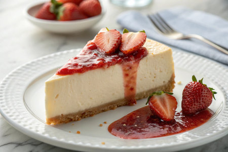Plate with delicious strawberry cheesecake on table, closeup viewの写真素材