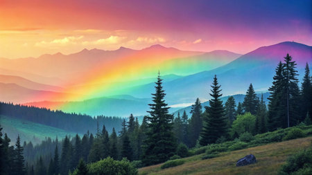 Beautiful landscape with rainbow in the Carpathian mountains. Ukraineの写真素材