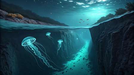 Underwater world with jellyfish. Underwater world. 3d rendering