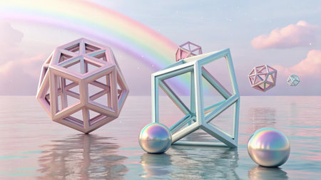3d rendering of three cubes in water with rainbow and crystal ballsの写真素材