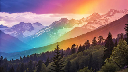 Mountain landscape with forest and rainbow. Sunset in the mountains.の写真素材