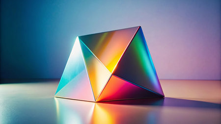 Colorful crystal pyramid on a blue and purple background. 3d rendering.の写真素材