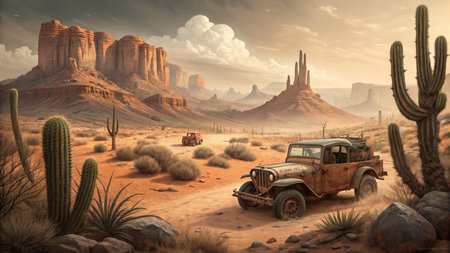 3D rendering of an old jeep in a desert setting.の写真素材