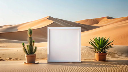 White frame mockup with cactus in the desert. 3d renderingの写真素材
