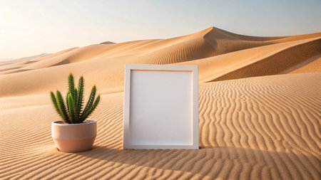 Blank photo frame in desert sand dunes. 3d renderingの写真素材