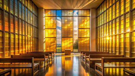 Interior of a church with stained glass windows in the evening.の写真素材