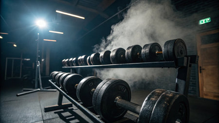 Dumbbells in a gym with smoke. Fitness and bodybuilding concept.の写真素材