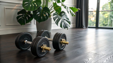 Dumbbells on wooden floor in modern living room with tropical plantの写真素材
