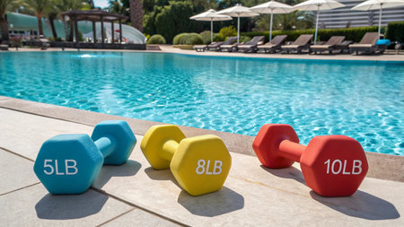 Colorful dumbbells on the poolside of a swimming poolの写真素材