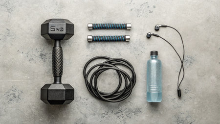 Fitness equipment. Dumbbells, jump rope, bottle of water on grey backgroundの写真素材