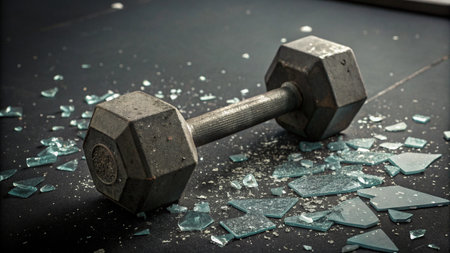 Dumbbell and broken glass on the floor. Fitness concept.の写真素材