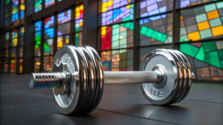 Dumbbells in front of colorful stained glass window in a gymの写真素材