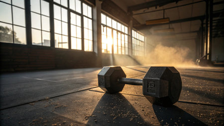Dumbbells on the floor of a gym in the sunlightの写真素材