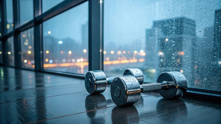 Dumbbells on the floor near the window with city viewの写真素材