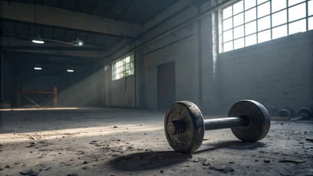 Dumbbell in an abandoned industrial building.の写真素材