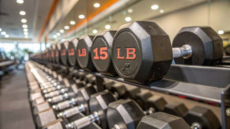 Dumbbells in a row in a fitness center. Selective focusの写真素材