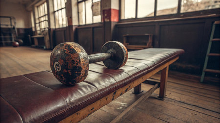 Dumbbells on a bench in an old school gym.の写真素材