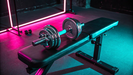 Dumbbells on a bench in a gym. Gym equipmentの写真素材