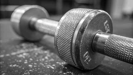 Dumbbells in a gym. Black and white photo.の写真素材