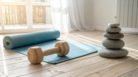 Yoga mat and dumbbells on wooden floor indoors, closeupの写真素材