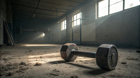 Old rusty dumbbell in an abandoned industrial building. Conceptual imageの写真素材