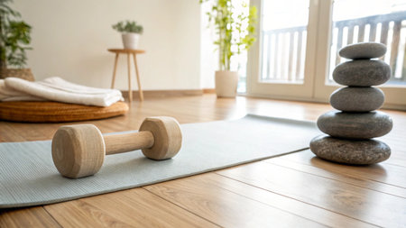 Dumbbells on yoga mat in living room. Healthy lifestyle conceptの写真素材