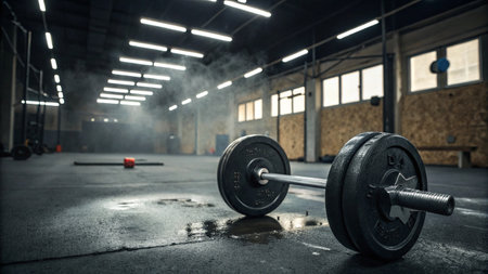 Dumbbell in the gym with smoke coming out of it.