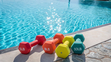 Colorful dumbbells in swimming pool. Fitness and healthy lifestyle conceptの写真素材
