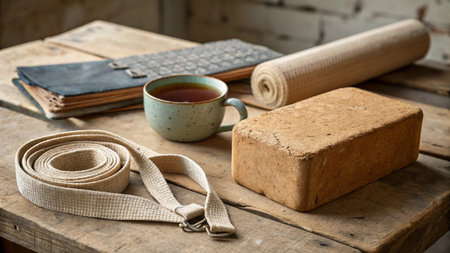Cup of tea, books and a roll of brown paper on a wooden tableの写真素材