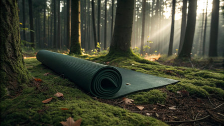 Yoga mat in the forest at sunrise. Yoga mat in the forest.の写真素材